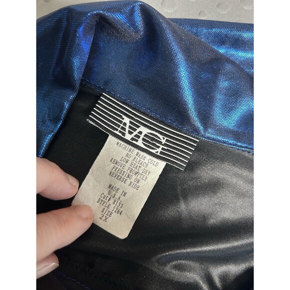 Vintage Y2K Button Shirt Plus 3X Shiny Metallic Blue Whimsigoth Witchy Fairy - Picture 8 of 9